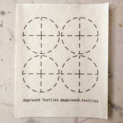 Approved Textiles Eva Hesse-inspired visible mending transfers featuring four geometric patterns with grids, loops, and interconnected lines.