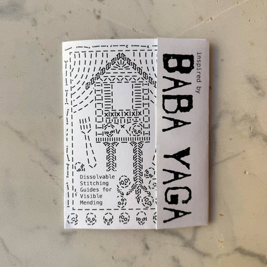 Approved Textiles Baba Yaga visible mending transfer set featuring three folklore-inspired designs printed on water-soluble stabilizer.