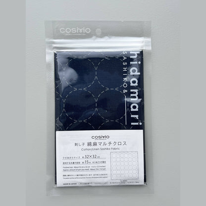 COSMO pre-printed cotton/linen Sashiko fabric in navy circle design