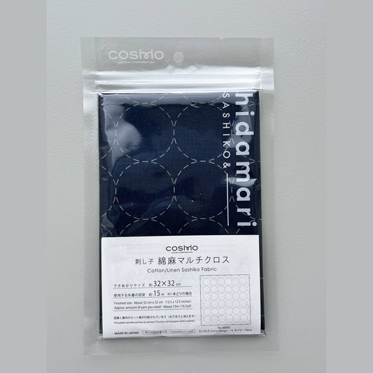 COSMO pre-printed cotton/linen Sashiko fabric in navy circle design