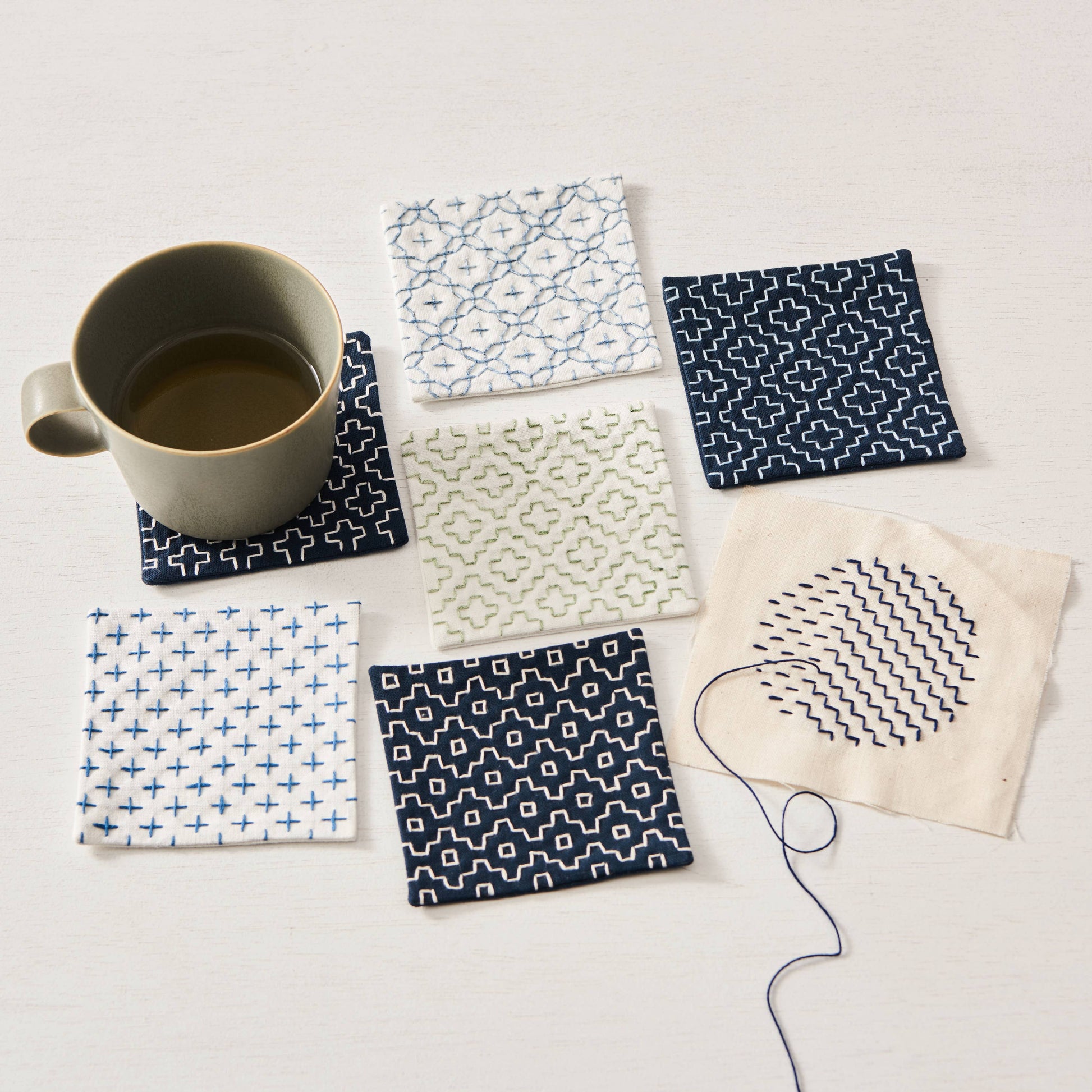 Sashiko coasters made using COSMO sashiko template