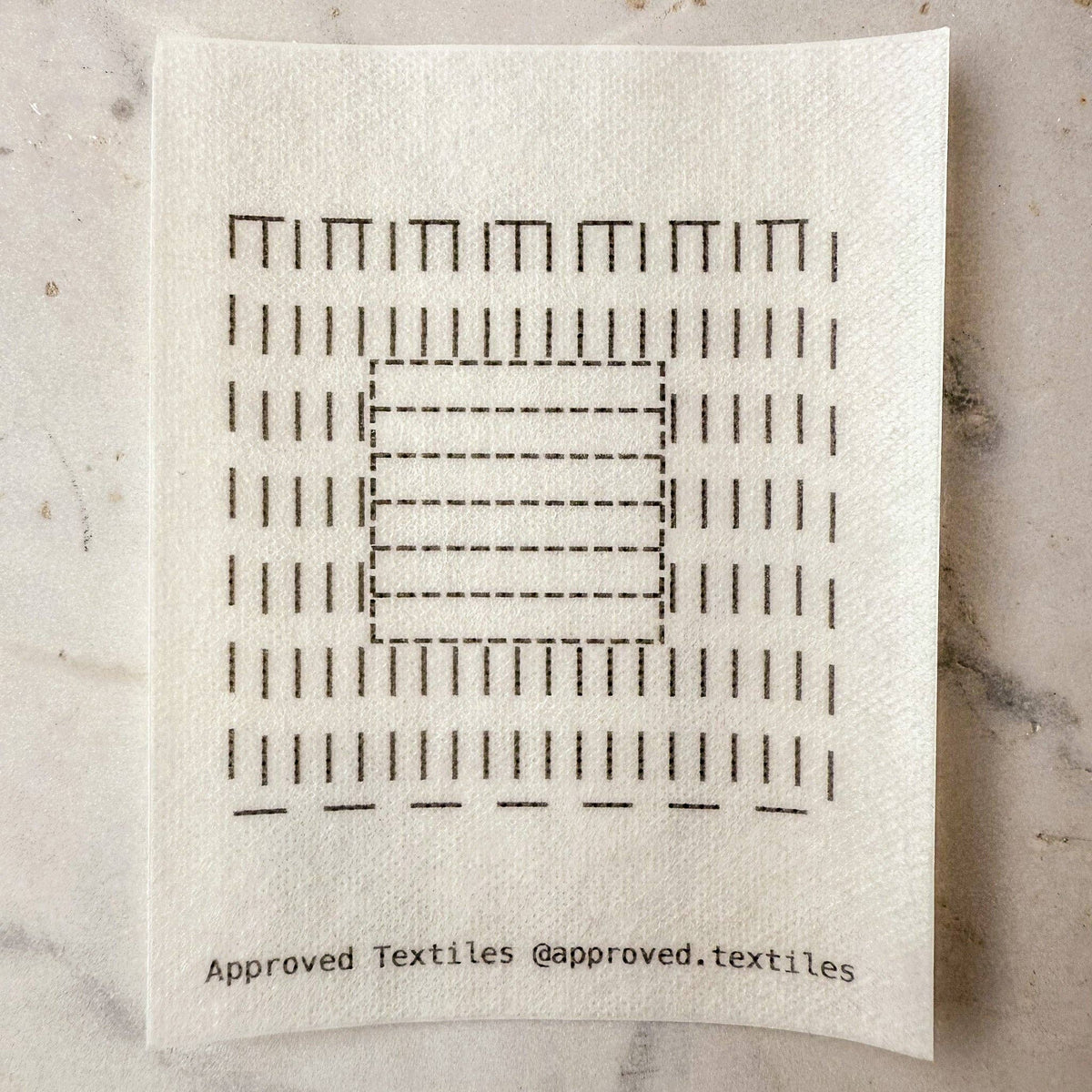 Approved Textiles Eva Hesse-inspired visible mending transfers featuring four geometric patterns with grids, loops, and interconnected lines.