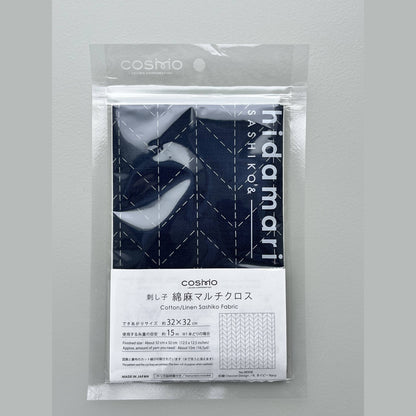 COSMO pre-printed cotton/linen Sashiko fabric in navy herringbone design