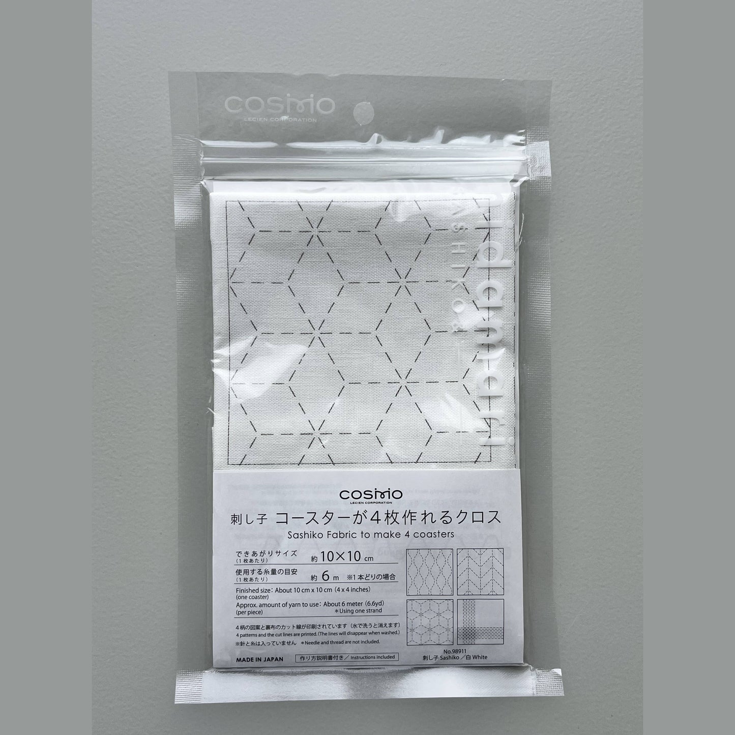 COSMO Sashiko Preprinted Coaster fabric in white, hemp leaf design
