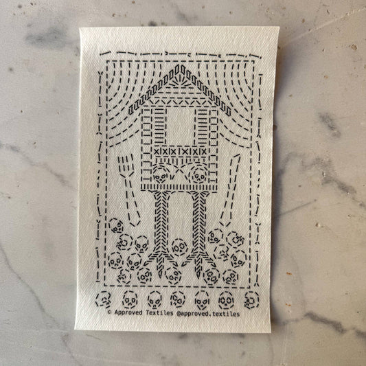 Approved Textiles Baba Yaga visible mending transfer set featuring three folklore-inspired designs printed on water-soluble stabilizer.