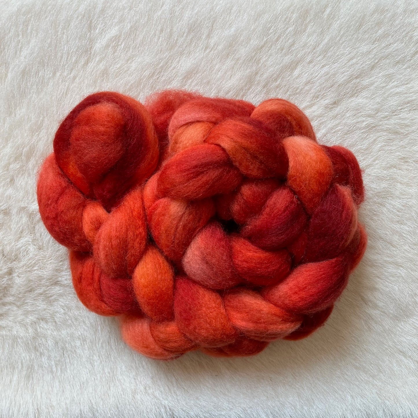 BFL Spinning or felting fiber hand dyed in shades of red, orange, and rust tones