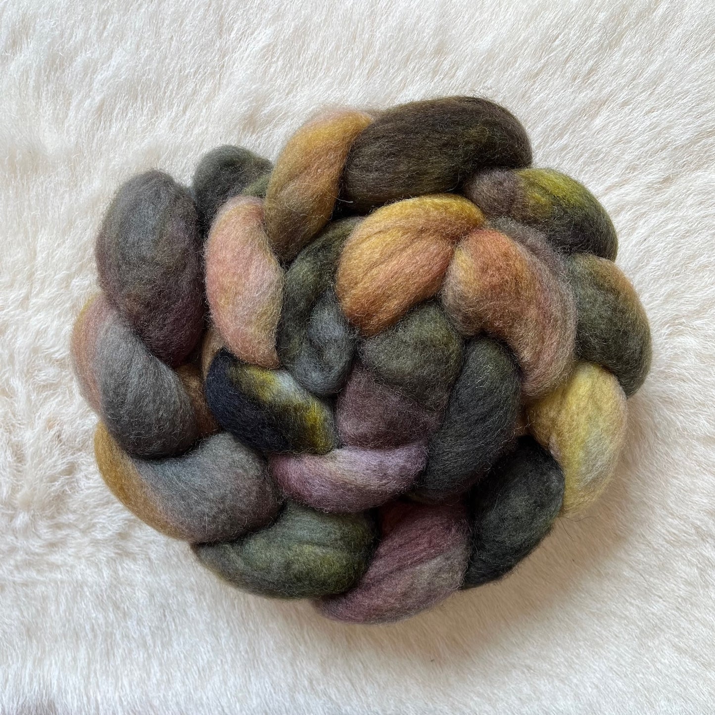 BFL Spinning or felting fiber hand dyed in shades of  blended earthy colors including olive green, charcoal gray, dusty pink, mustard yellow, and brown