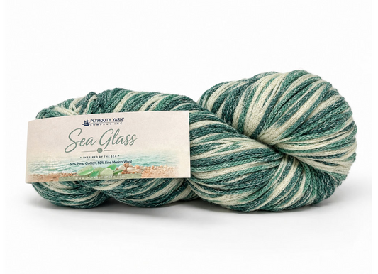 Plymouth Sea Glass worsted weight cotton and merino wool yarn, featuring softly blended colors and a textured chainette construction.