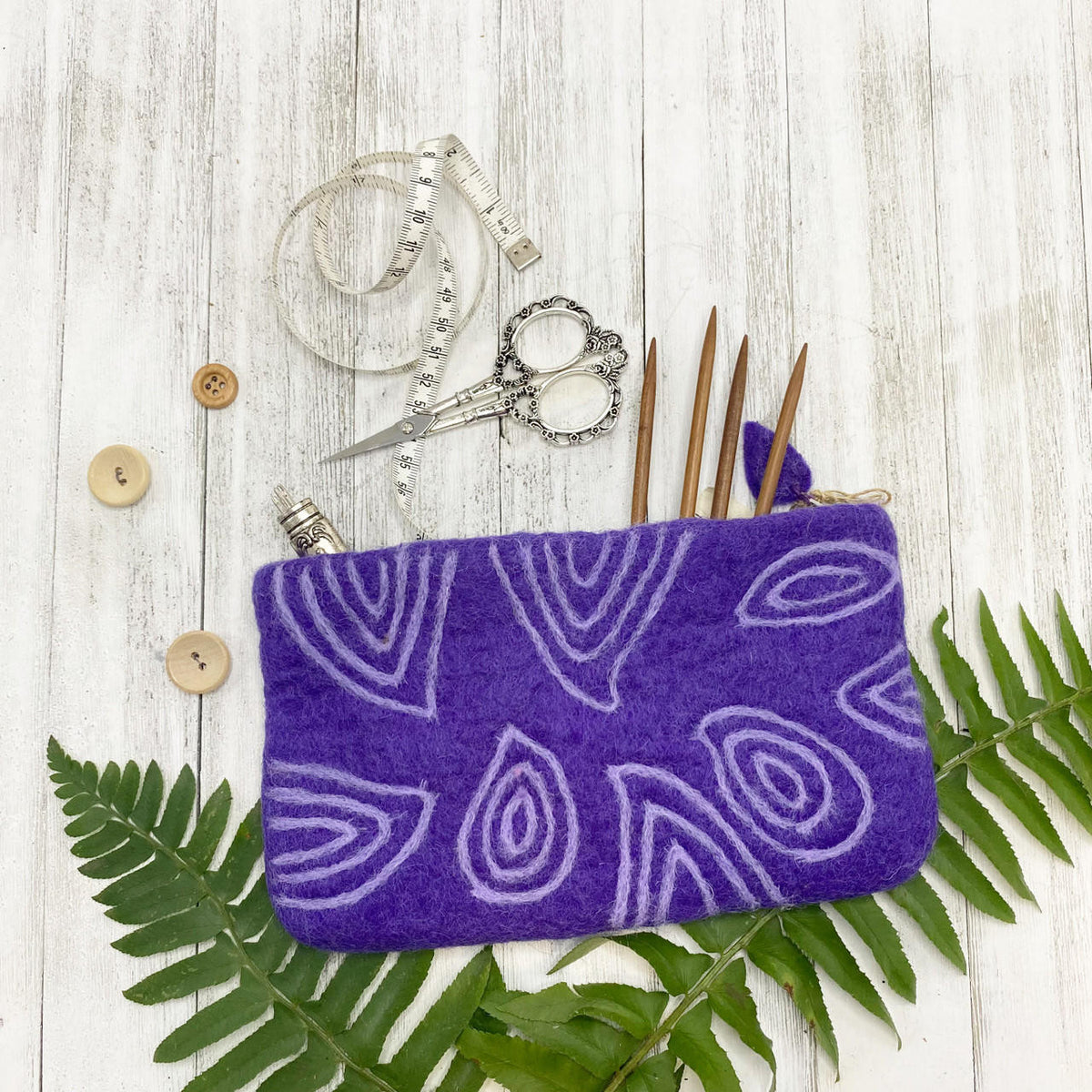 Wonderland Yarns Frabjous Fibers Felted Notions bag in purple abstract leaves