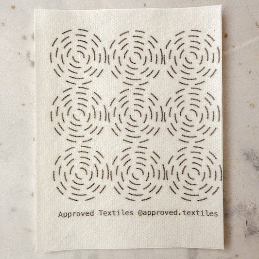 Approved Textiles Eva Hesse-inspired visible mending transfers featuring four geometric patterns with grids, loops, and interconnected lines.