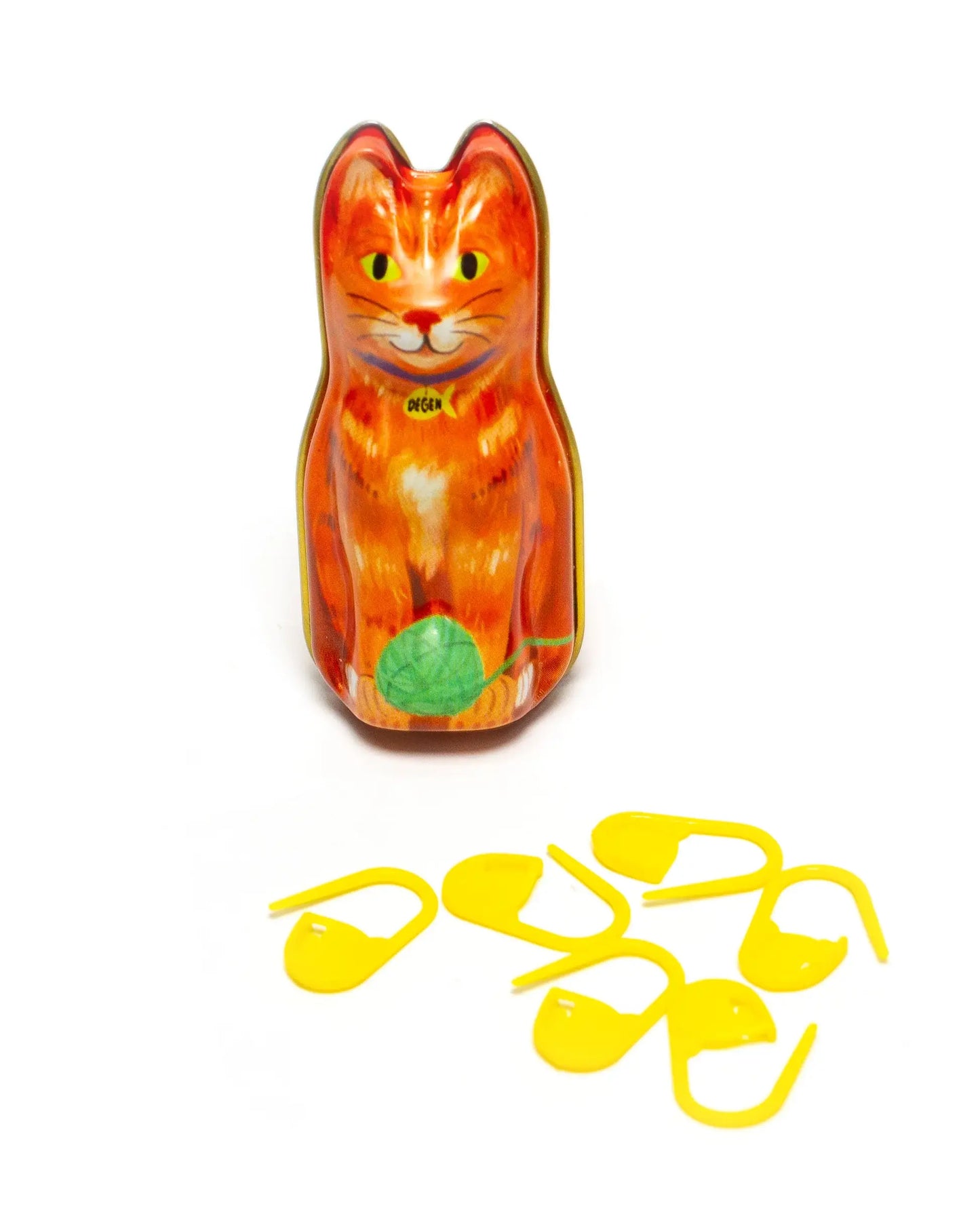 Cat shaped metal tin with stitch markers
