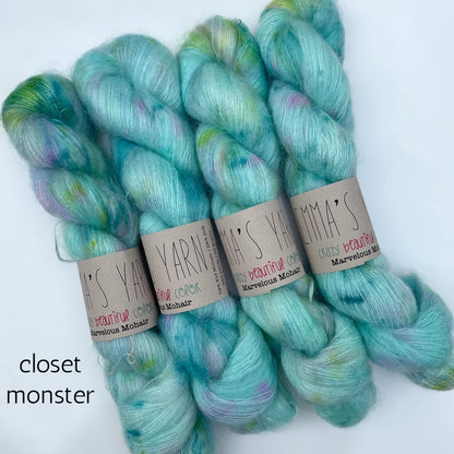 Emma's Yarn laceweight silk mohair yarn, closet monster