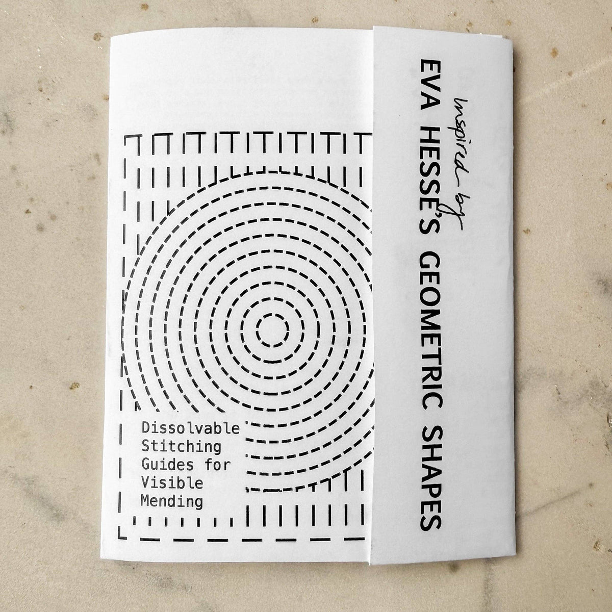 Approved Textiles Eva Hesse-inspired visible mending transfers featuring four geometric patterns with grids, loops, and interconnected lines.