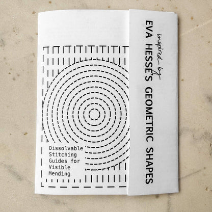 Approved Textiles Eva Hesse-inspired visible mending transfers featuring four geometric patterns with grids, loops, and interconnected lines.