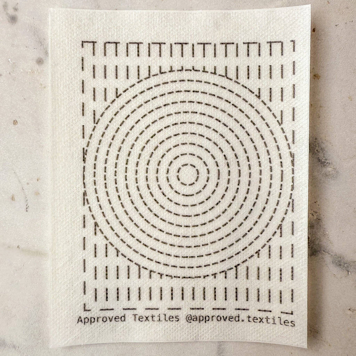 Approved Textiles Eva Hesse-inspired visible mending transfers featuring four geometric patterns with grids, loops, and interconnected lines.