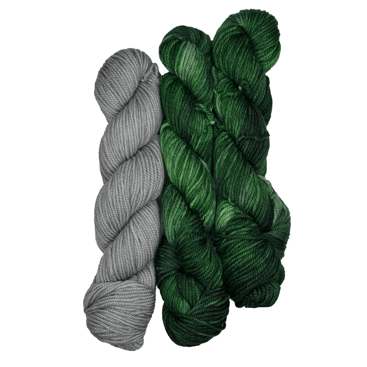 mini skeins of Mad Hatter merino in green and grey