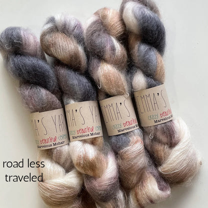 Emma's Yarn laceweight silk mohair yarn, road less traveled