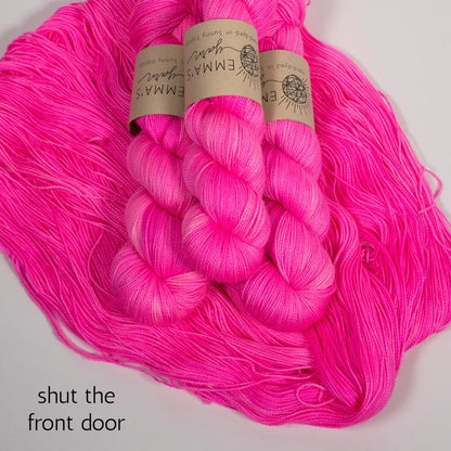 Emma's Yarn Practically Perfect Sock , super silky fingering merino nylon yarn, shut the front door