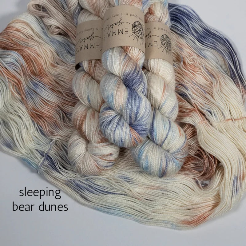 Emma's Yarn Practically Perfect Sock , super silky fingering merino nylon yarn, sleeping bear dunes