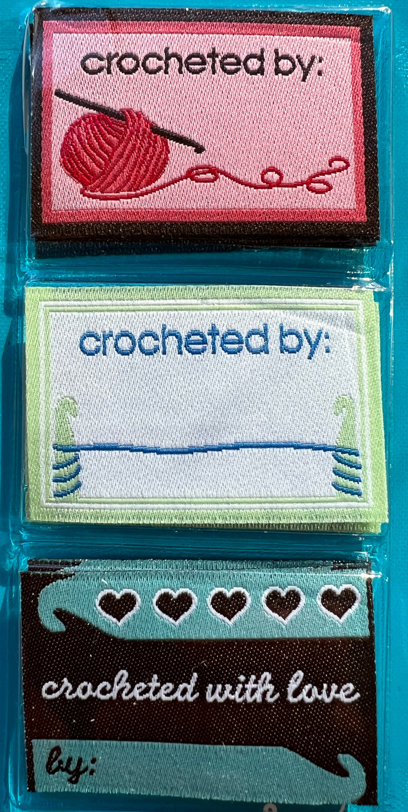 Crochet set of 3 different labels (3 of each style, 9 total)